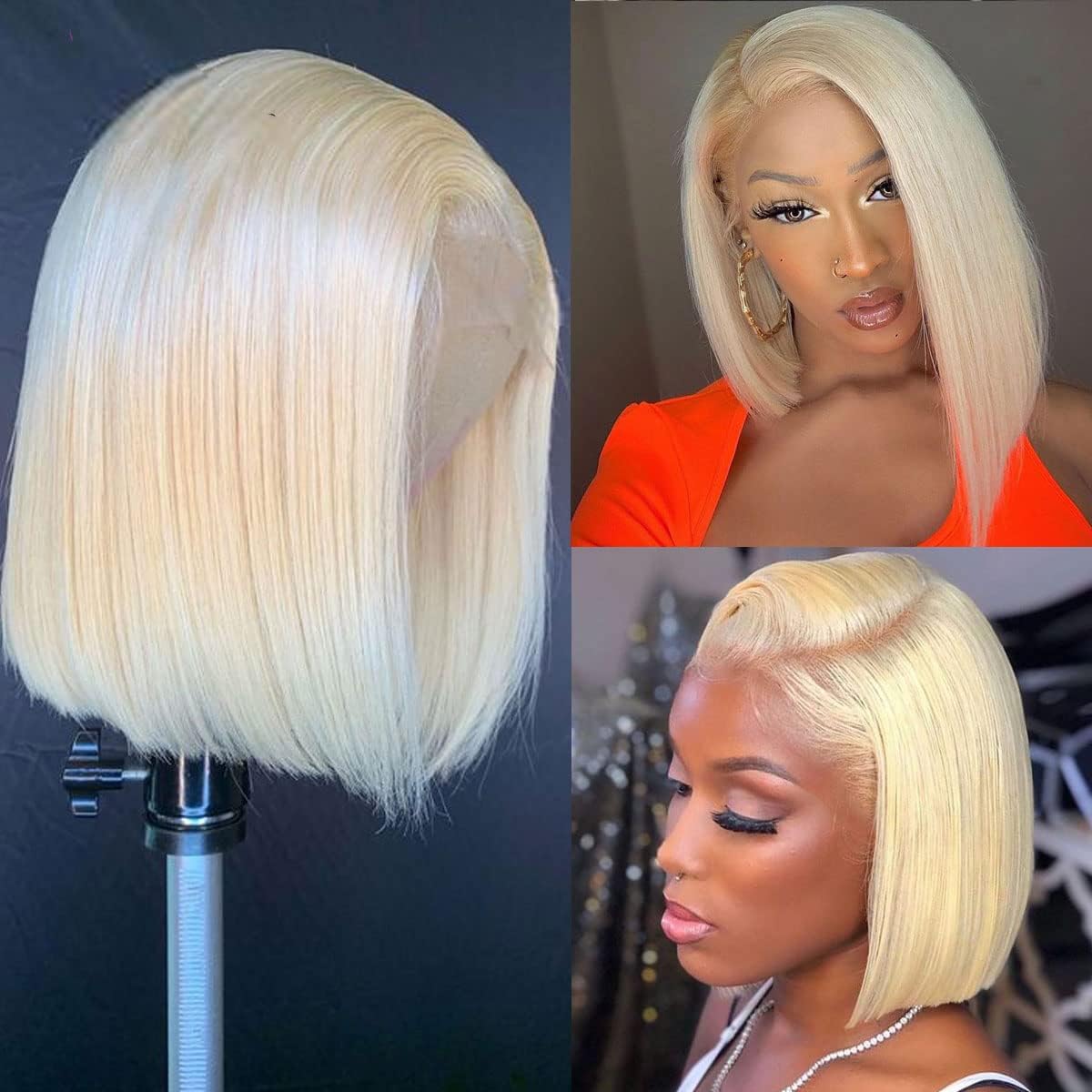 Intuition Hair Short Bob #613 13X4 Lace Front Wigs Human Hair Brazilian Virgin Hair Blonde Lace Front Wigs For Black Women Straight Pre Plucked Hairline 130% Density (10 inch, Lace Front Wig)