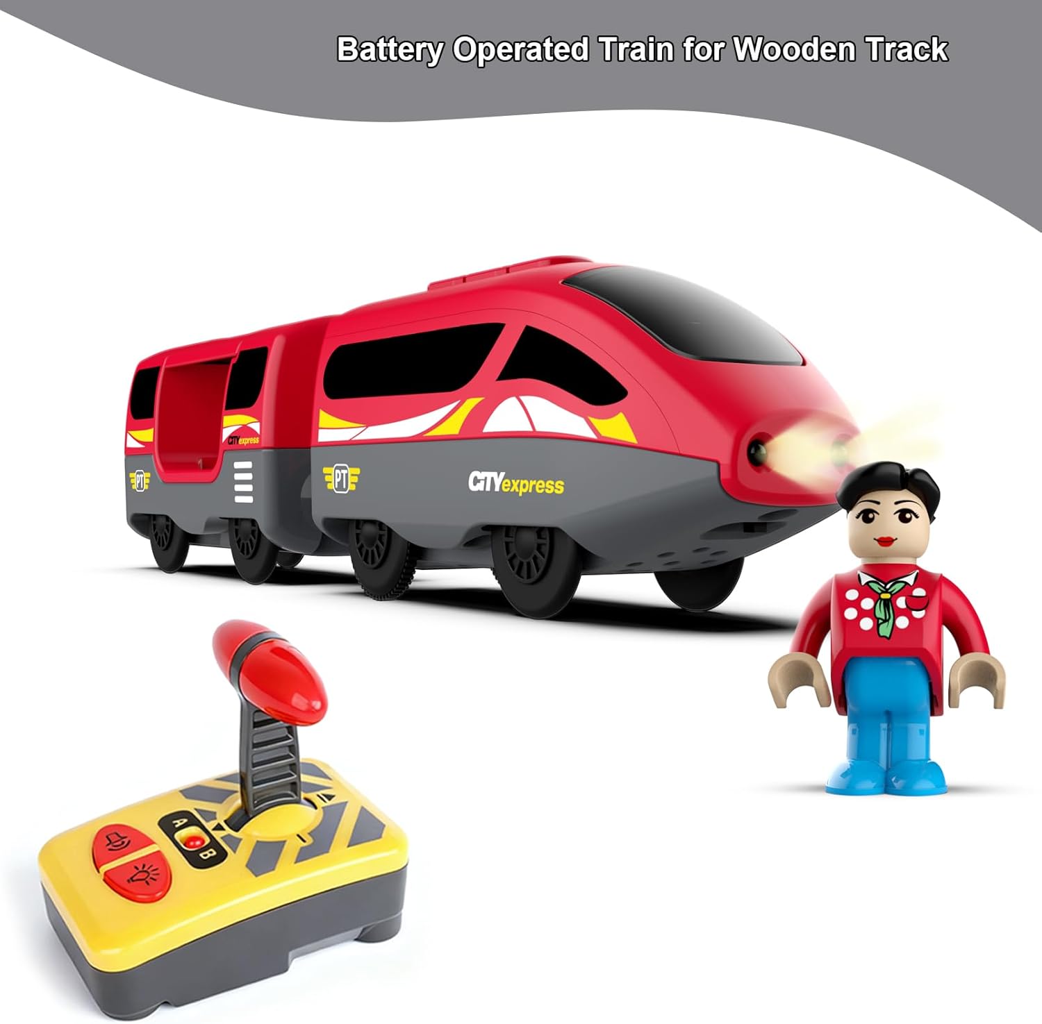 Battery Operated Train for Wooden Track,Powerful Engine Locomotive Remote Control Train Toy with Light and Sounds Gift for Boy Kids Toddlers, Compatible with Thomas, Brio, Chuggington
