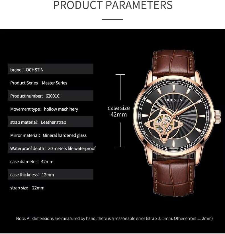 W WOLF-CUB Mens Automatic Watches Classic Royal Skeleton Steampunk Mechanical Wristwatch with Waterproof Genuine Leather Strap, Fashion Male Clock Gifts for Him (Brown&Black) — view 7