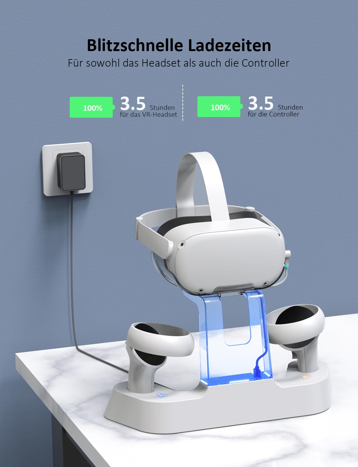 NexiGo Verbessert Ladestation mit LED-Licht für Oculus Quest 2, [Support Elite Strap mit Batterie], Headset-Display-Halter und Controller-Halterung, 2 wiederaufladbare Batterien, magnetisches Kabel
