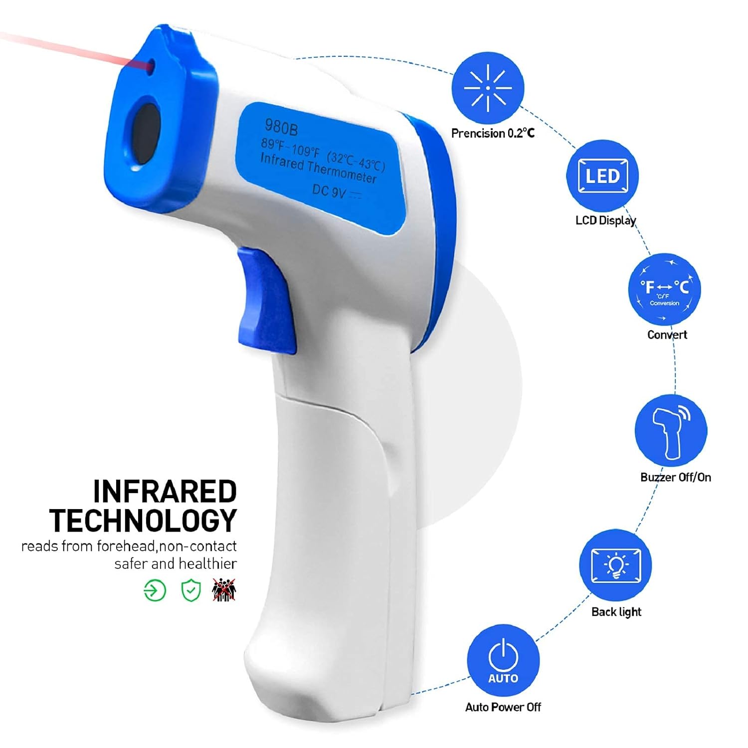 BTMETER BT-980B Non-Contact Infrared Thermometer Digital Temperature Gun Measure 32℃~43℃/ 89 to109℉(NOT for Human)