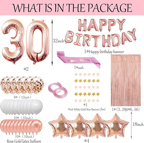 Miniatura 2 de Fancy partyshop - Cartel de feliz cumpleaños de oro rosa con globos del número 30, confeti de látex, ideal para niñas y mujeres 30 cumpleaños