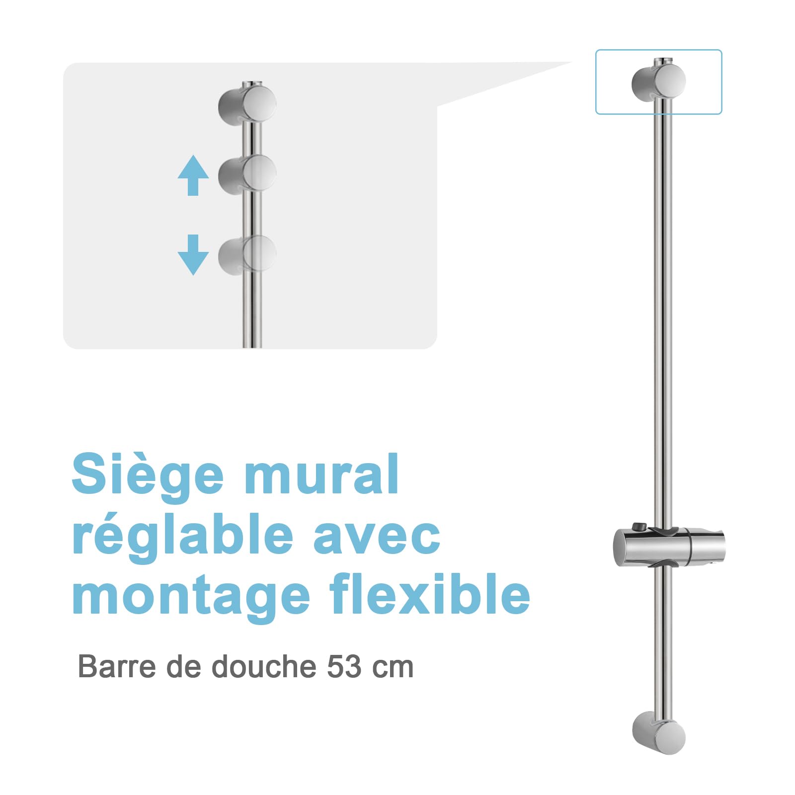 OFFO Barre de Douche 53cm,avec Support Pommeau de Douche,Distance Réglable de 22 à 50cm,Barre Douche de Remplacement,Finition en Acier Inoxydable