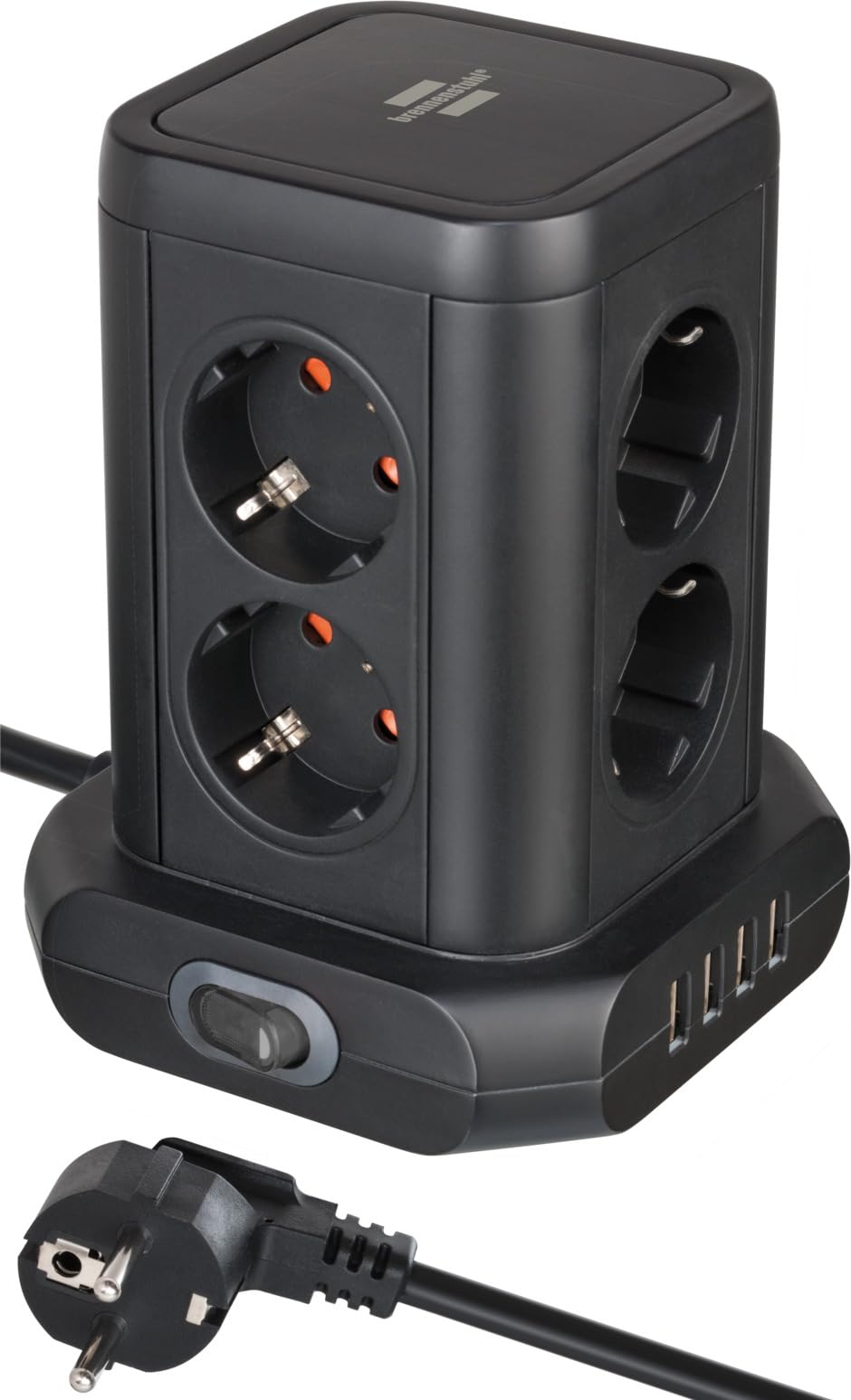Brennenstuhl Steckdosenturm 8-Fach mit USB (Steckdosenblock 8-Fach mit 4X USB, Steckdosen in 45°-Anordnung, 2m Kabel) schwarz