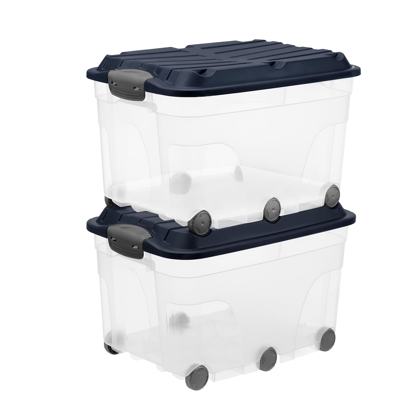 Rotho Roller 6 2er-Set Aufbewahrungsbox mit Deckel 57 L mit 6 Rollen Rot | Aufbewahrungsboxen im 2er-Set, als Stapelboxen platzsparend stapelbar, 2 Schnappverschlüsse, transparent mit rotem Deckel