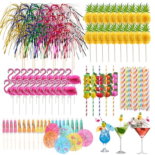 120 Pcs Cocktail Accessories with Reusable Cocktail Umbrellas Straws Flamingo/Pineapple/Sparkler Sticks for Drink Ideal for Sticks for Beach Birthday Music Festival Summer Party Decorations