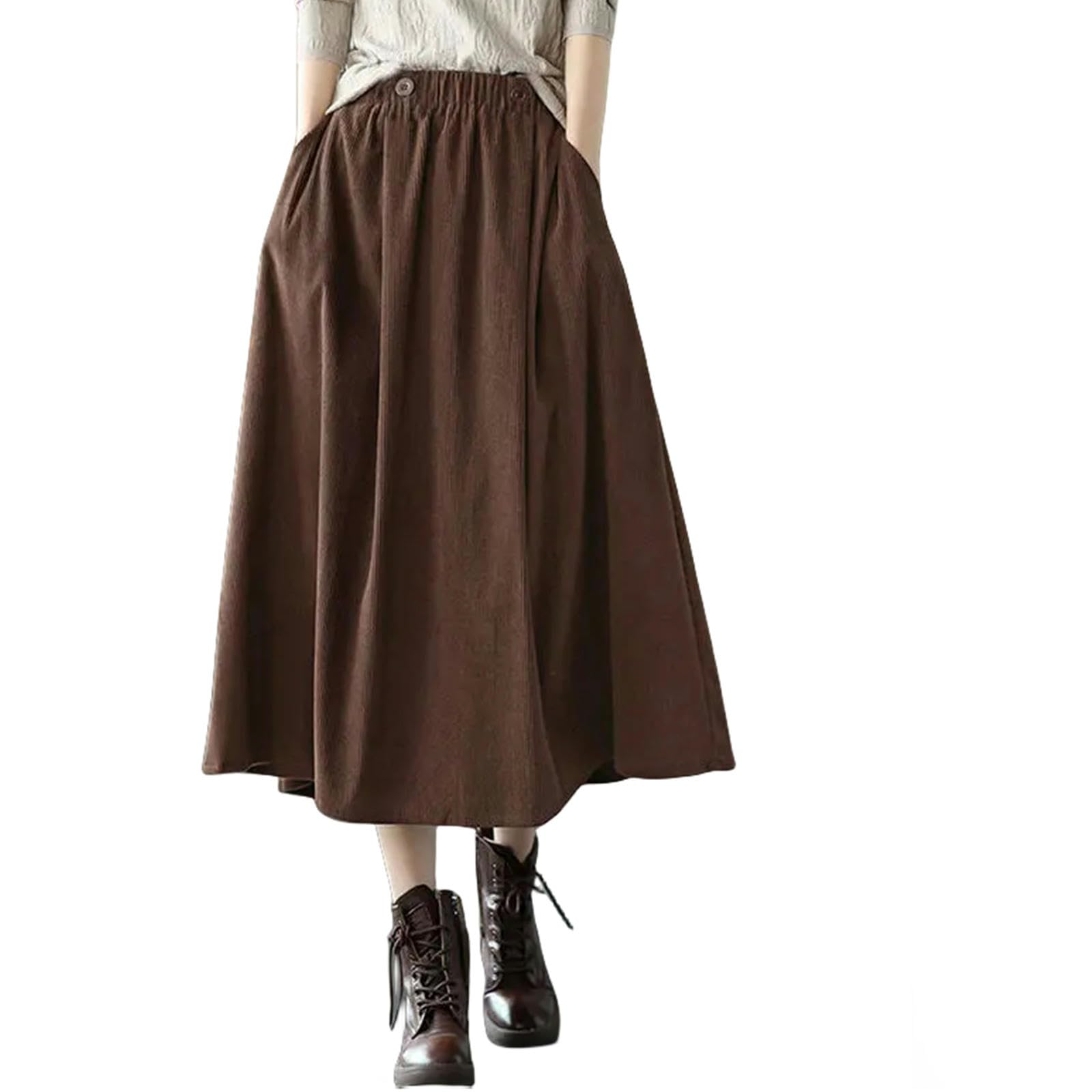 MdybF Czarna spódnica sztruksowe spódnice długie dla kobiet jesień zima moda uliczna spódnica w stylu midi elegancka kobieta, Kawa, XXL