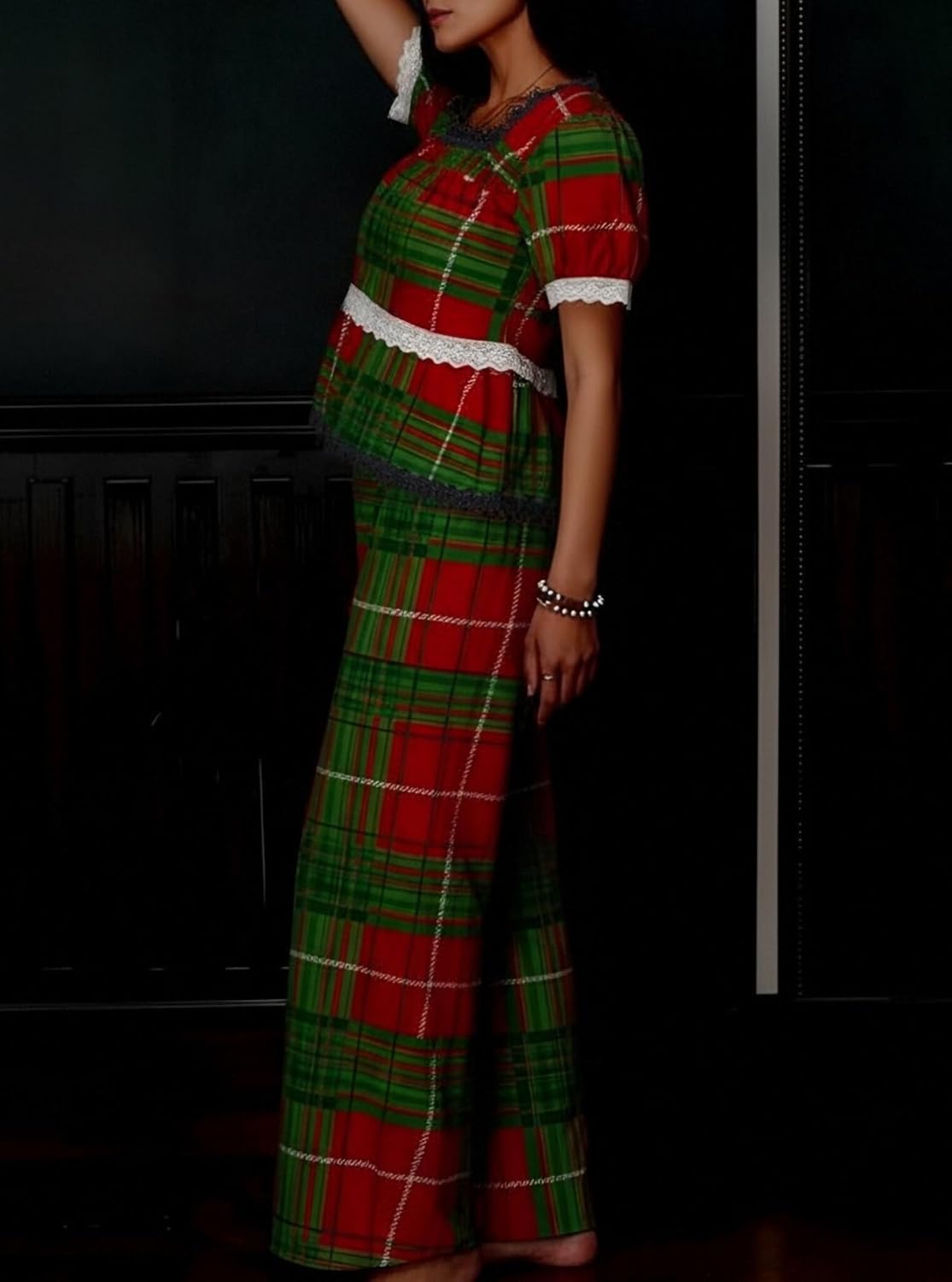 UAURORAO Women Plaid Ruffle Pajama Set Puff Short Sleeve Smocked Babydoll Top Slit Wide Leg Pants Sets Christmas Pjs - Image 3