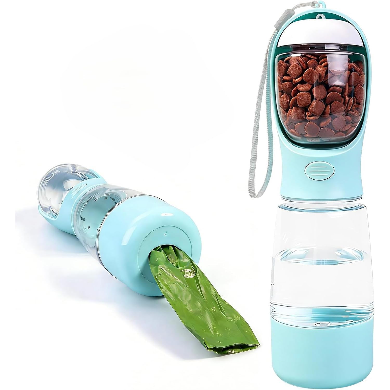 4-in-1 Portable Dog Water Bottle with Food Container, 400ml Dog Travel Water Dispenser with Built-in Bowl and Waste Bag Storage, Leakproof Pet Water Bottle for Walking, Hiking & Travel (Blue)