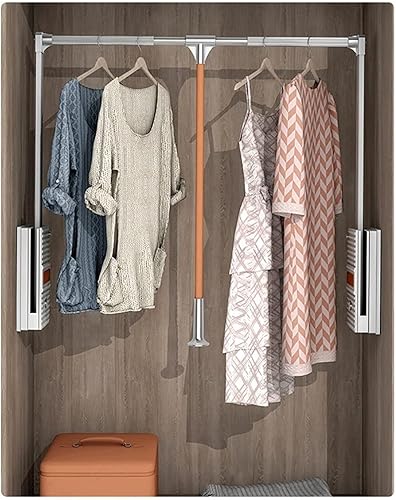 Organizador de almacenamiento con sistema de elevación para armario, barra de armario desplegable y ajustable de cierre suave (color plateado,