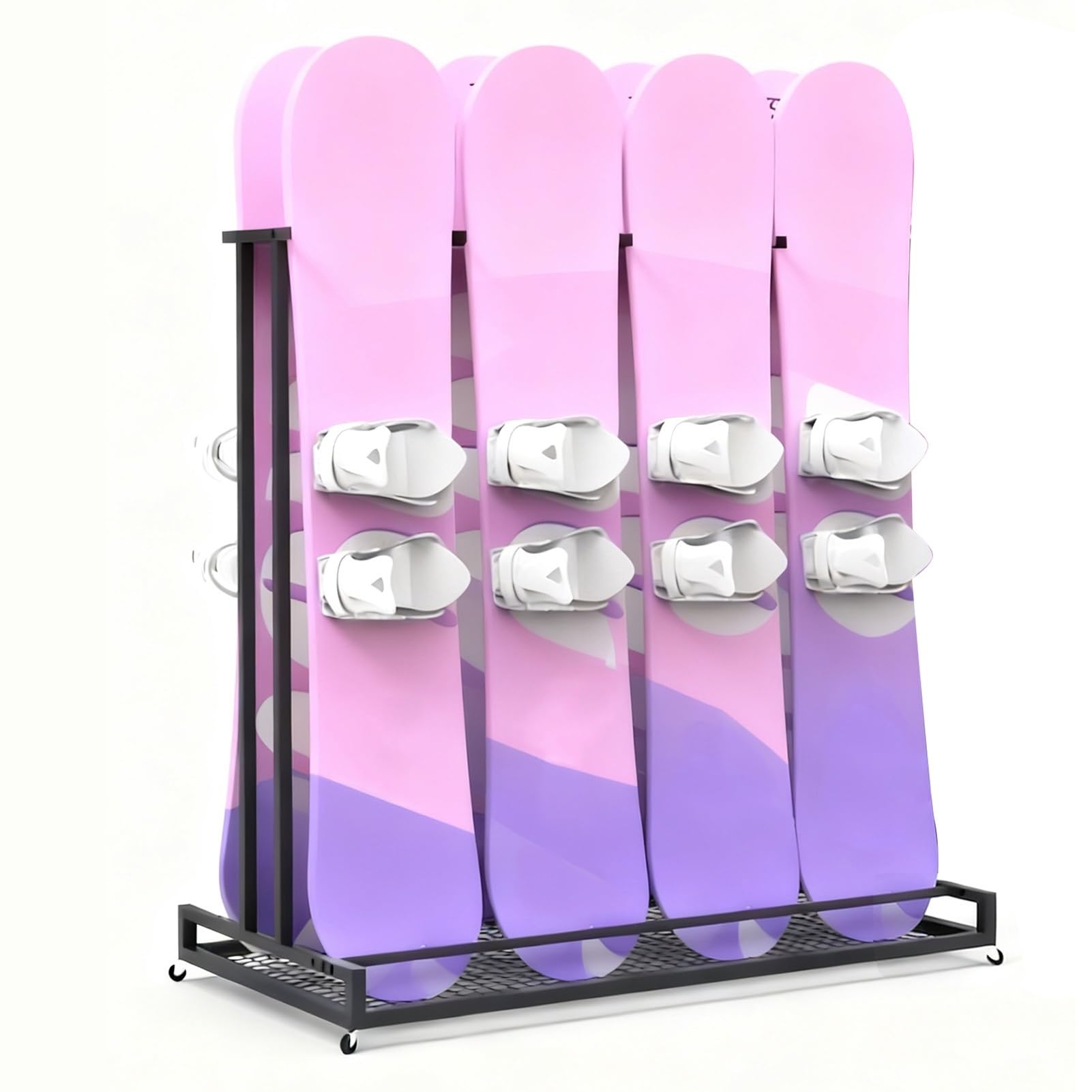 ZIMGOD Skihalterung Freistehendes Skihalter für Die Garage Boden, Schwarzes Snowboard-Aufbewahrungsregal mit Rollen, Skiständer aus Metall, Skiträger Skateboard-Organizer(Width 124cm (48 7/8"))