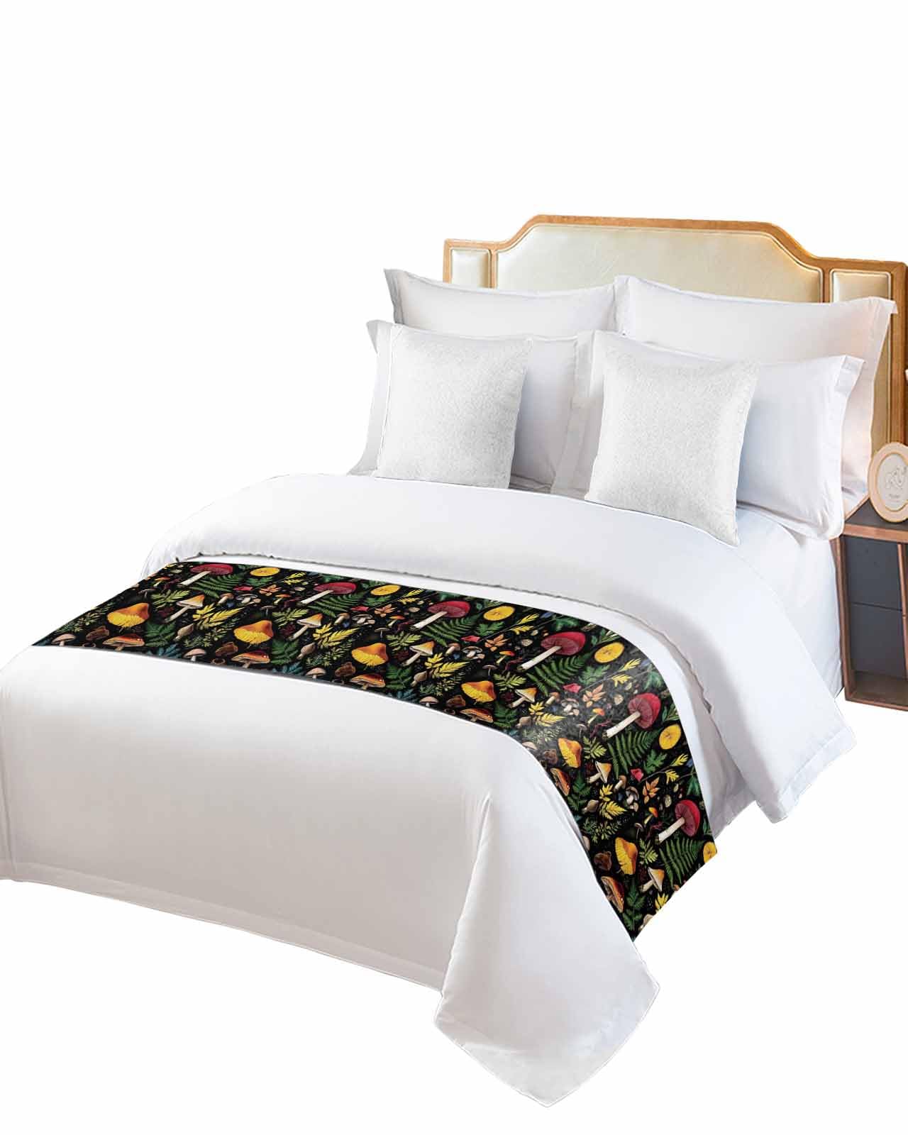 Retro Mushroom Bed Runner for King Size, Spring Summer Botanical Leaves Black Bedspread Protector Slipcover Bed Scarf for Foot Runners & Scarves for Bedroom Hotel Wedding Room 102x20 Inches