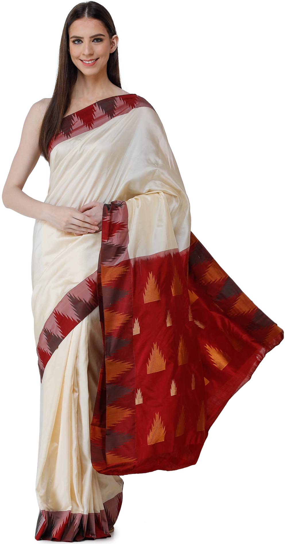 Exotic India Vanilla-Custard Uppada Handloom Sari from Bangalore with Wo - Cream