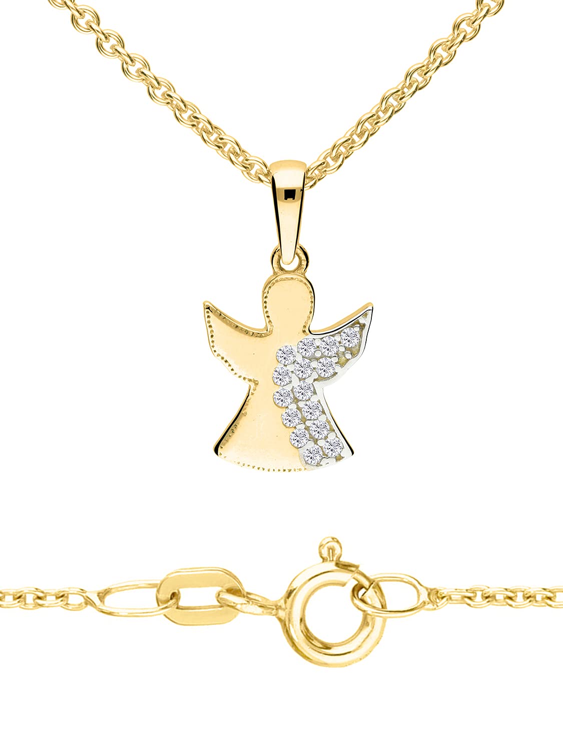 My Gold Mädchen Schutzengel Kette mit Anhänger Gold 375/750 Gelbgold (9/18 Karat) Mit Zirkonia Babykette Kinderschmuck Vergoldete Halskette Sweet Angel Set