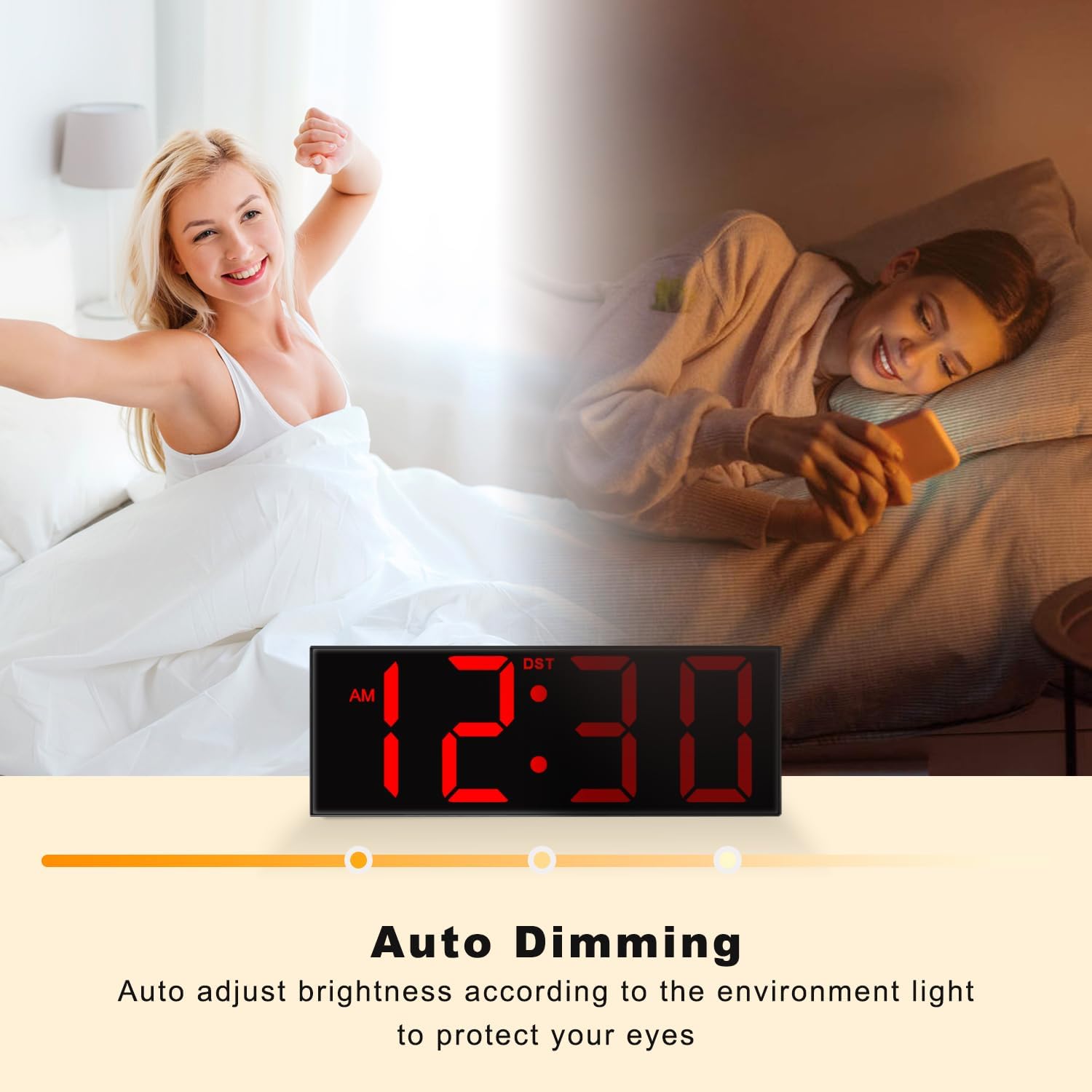 JALL 12'' Large Digital Wall Clock, Big LED Number Dispaly, RGB Colors, DST, Night Light for Classroom Living Room Bedroom Mounted Birthday Xmas Gift for Senior, Black Shell, Red Font