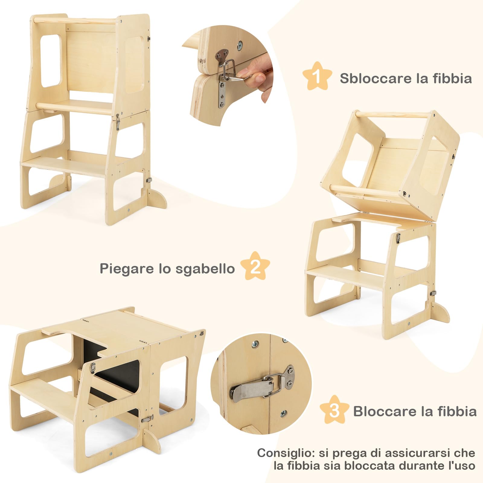 RELAX4LIFE 3 in 1 Torre Montessoriana per Bambini, Torre di Apprendimento Pieghevole, Learning Tower con Lavagna, Convertibile in Tavolo+Sedia per Bambini 3+ Anni