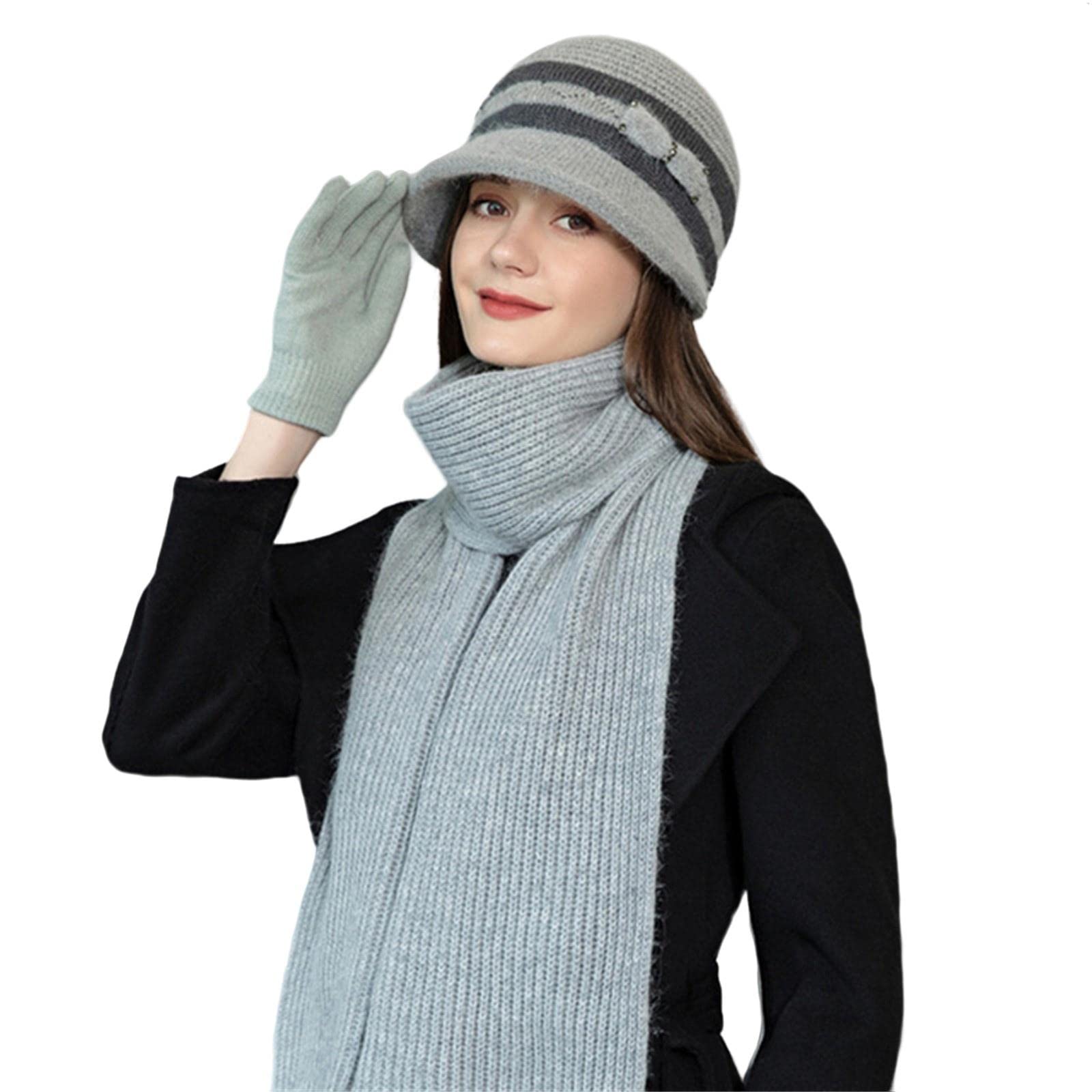 Gorro De Punto Mujeres Guantes De Tejido De Invierno Traje De Bufanda