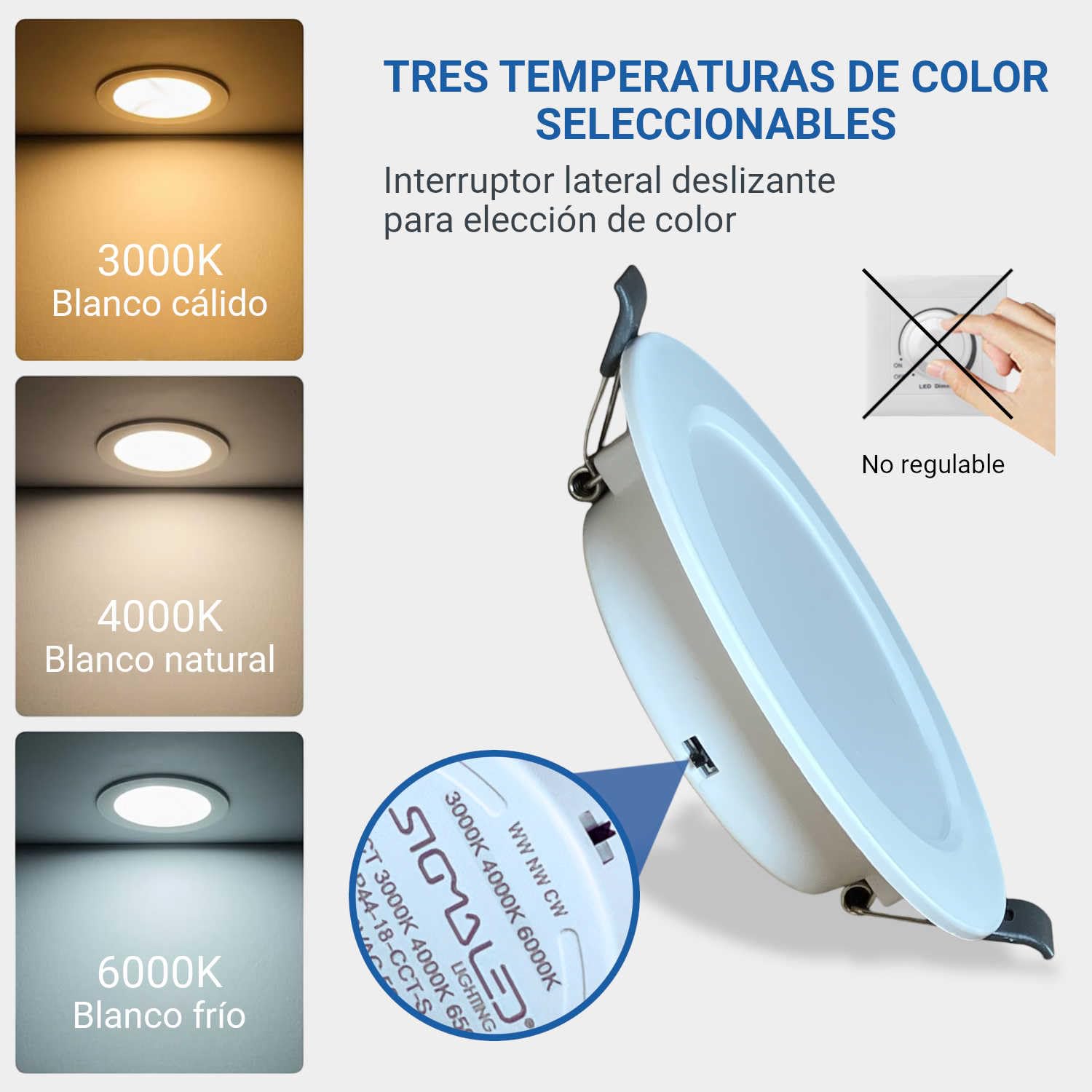 Sigmaled lighting – Pack 6 Focos LED Empotrables 18W 1850 lm, 3 Temperaturas 3000K 4000K 6000K, IP44 Baño, Ultrafinos, Corte Ø187–210 mm, 220–240V, Techo Pladur, Interior y Exterior Cubierto
