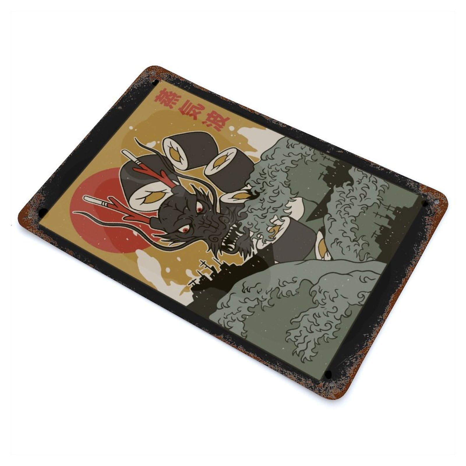 Garage Style Great Sushi Wave Aged Metal Wall Plaque 11.8"x7.9", Vintage Wall Decor for Bar And Workshop