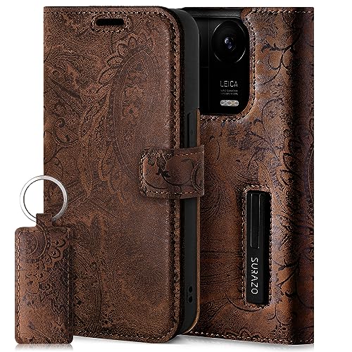 SURAZO Custodia a portafoglio per Redmi Note 13 Pro Plus 5G, in vera pelle, con chiusura magnetica, scomparto per carte di credito, protezione RFID, motivo floreale, colore: marrone