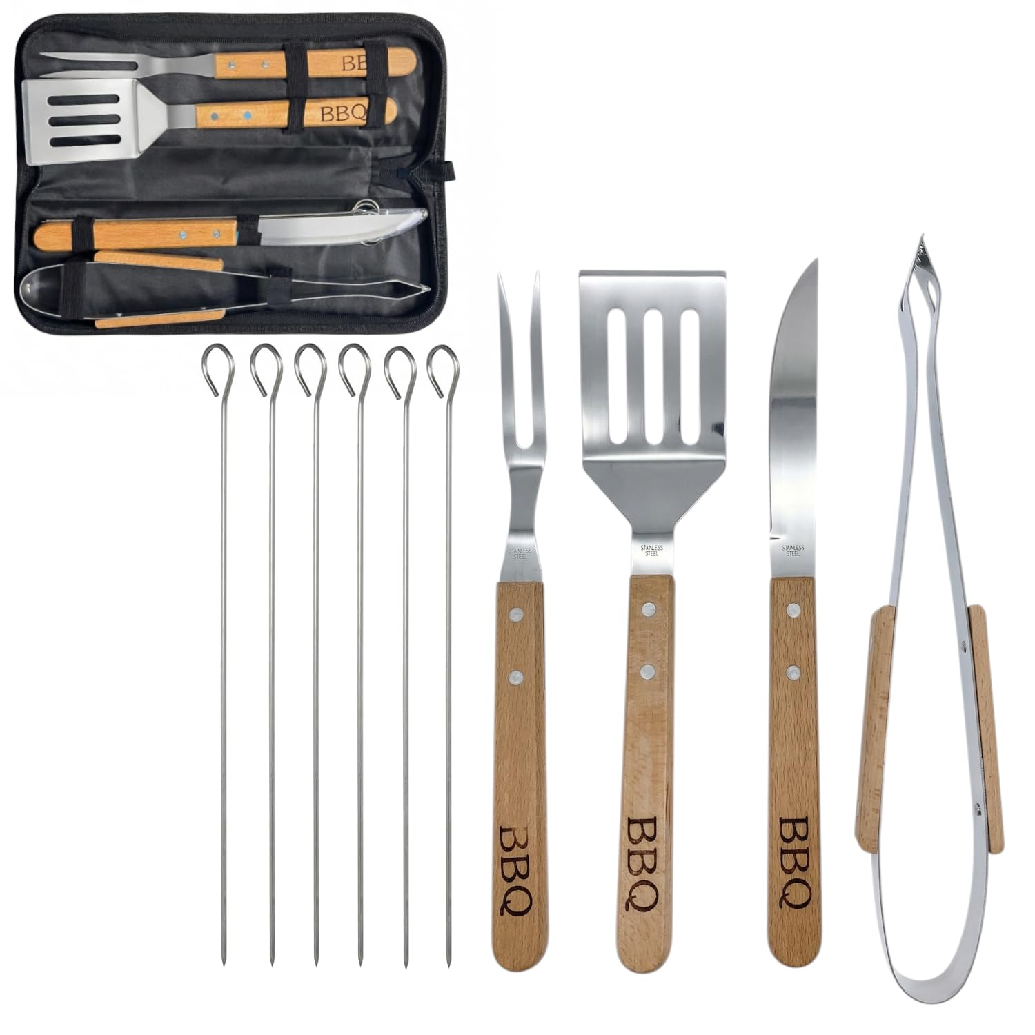 OCEANO Set Barbecue Professionale 11 Pezzi (10 Utensili + Custodia) Kit BBQ in Acciaio Inox con Manici Legno Accessori Griglia Giardino Campeggio Include Spatola Pinza Forchettone Coltello 6 Spiedini