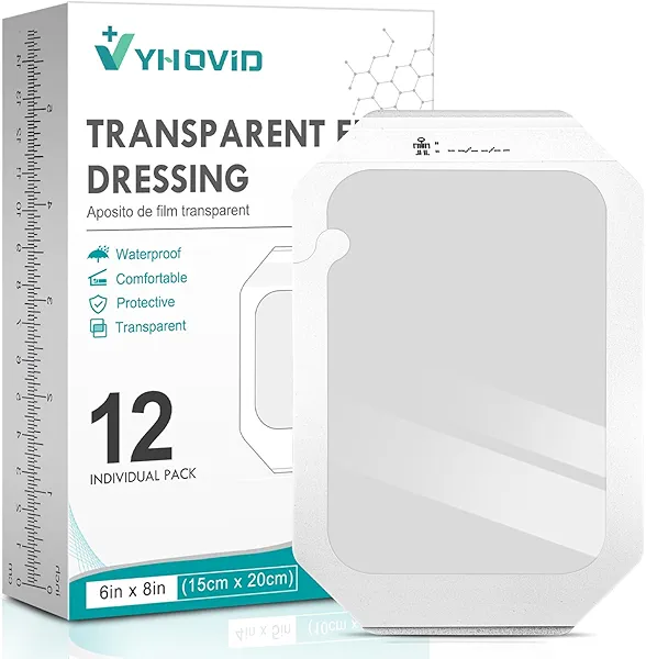 Transparent Film Dressing 6'' x 8'' Box of 12 - Waterproof Bandages for Swimming, Showering, Wounds, Post Surgical Shower or IV Shield, Tattoo Aftercare Bandage, Scar Therapy, Adhesive Patches