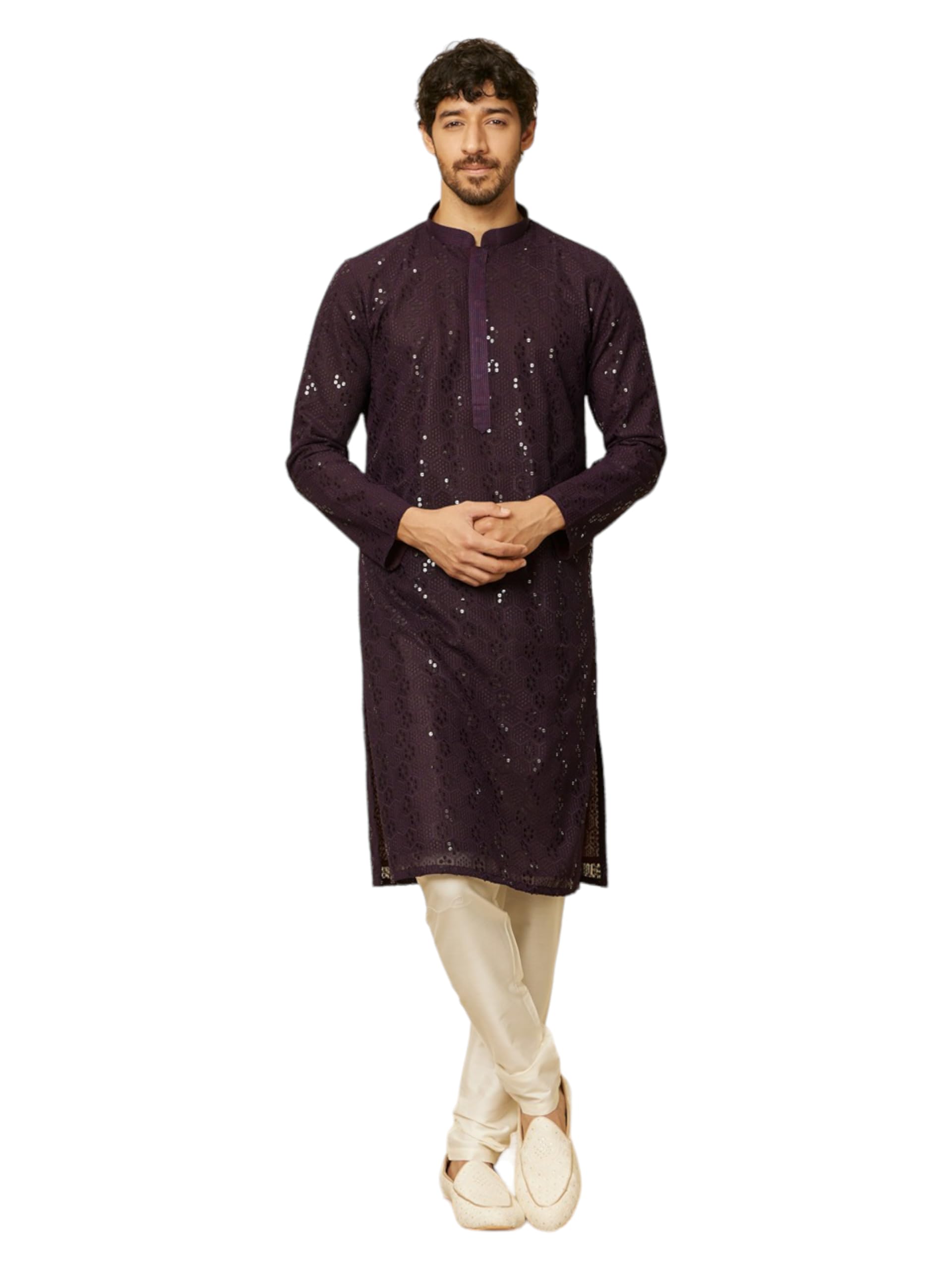 Kurta violet Manyavar ensemble pyjama brodé homme taille L - 7