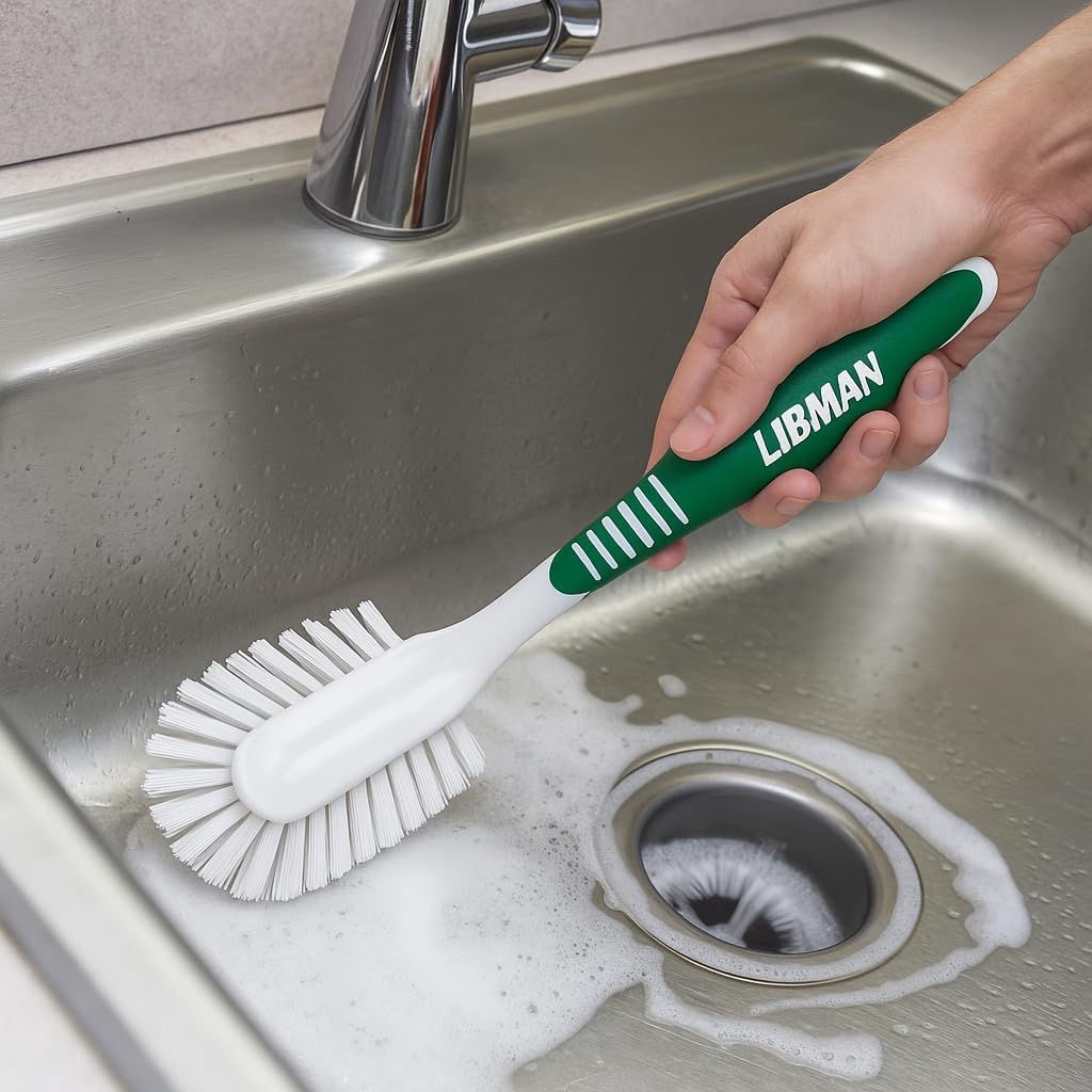 LIBMAN Kitchen Scrub Brush with Long Handle - 3 Pk Kitchen Brush for Dishes - Dish Scrubber Cleaning Brushes for Sinks, Bottles, Pots, Pans, Vegetables - All Purpose