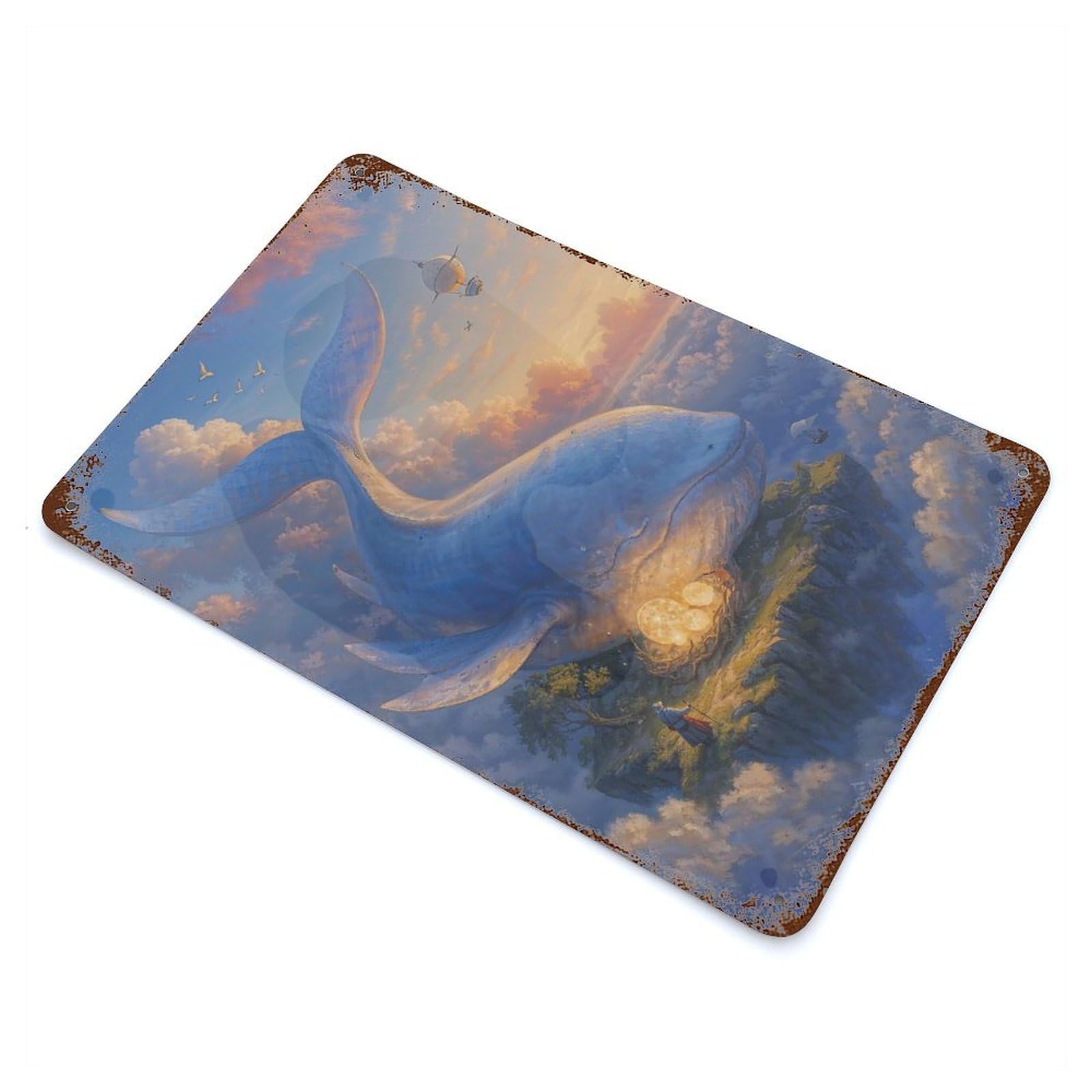 Garage Style Whale in The Sky with Islands Guarding Glowing Nest Eggs Aged Metal Wall Plaque 11.8"x7.9", Decorative Metal Wall Art for Bar And Workshop