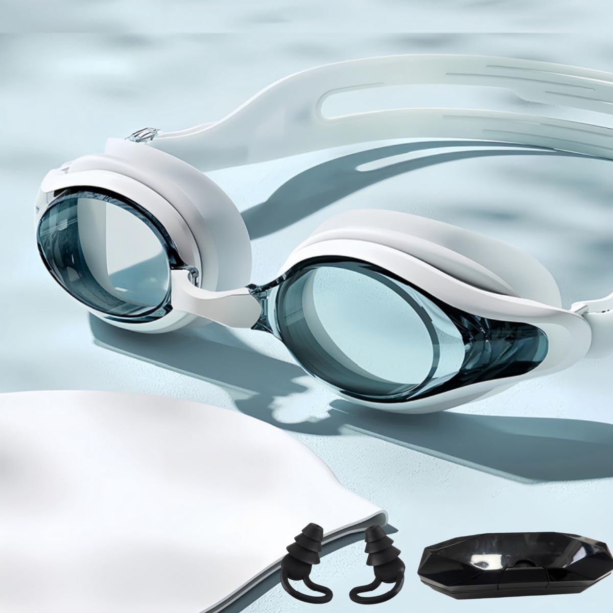 Vyloky 0-8.0D Swimming Goggles with Prescription and Anti-Fog; Pressure-Free, Adjustable, Clear Vision for Adults, Nose Clip Earplugs (Black/White) (White+Swimming Cap, -6.0 D)