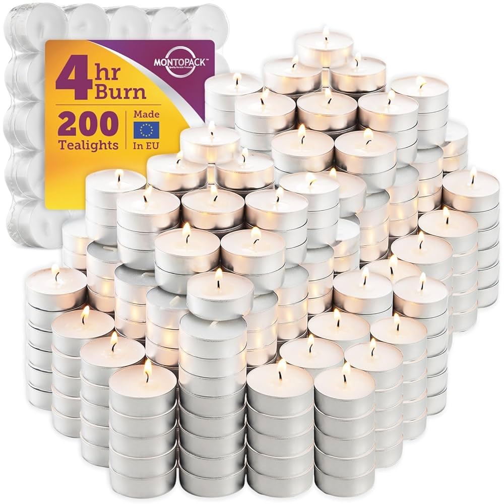 MontoPack Unscented Tea Lights Candles in Bulk | 200 White, Smokeless, Dripless & Long Lasting Paraffin Tea Candles | Small Votive Mini Tealight Candles for Home, Pool, Shabbat, Weddings & Emergencies