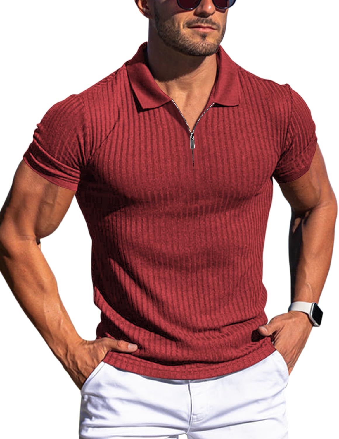 Gnvviwl Zipper Muscle Polo Shirts for Men Slim Fit Short Sleeve Cotton Ribbed Knit Golf Shirt