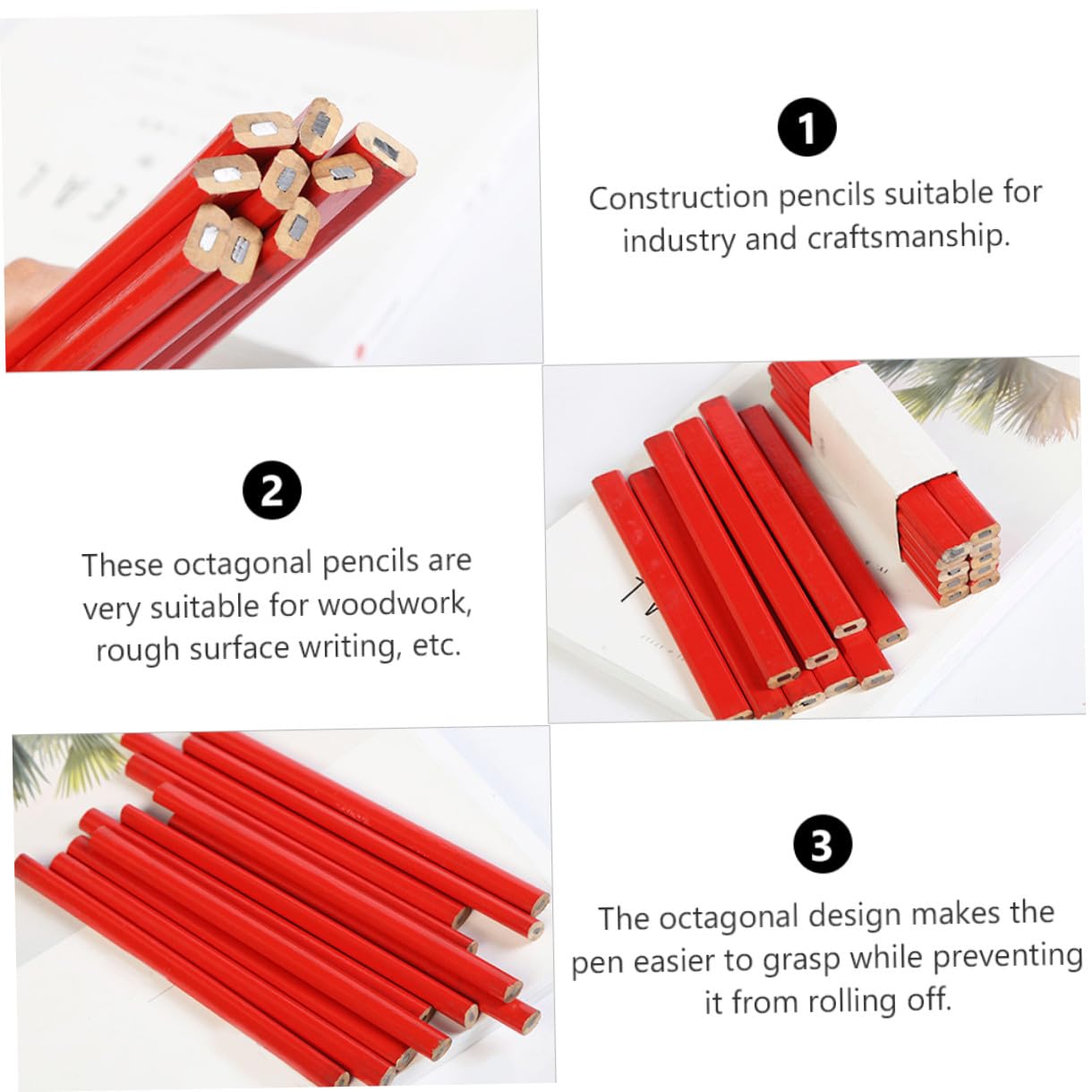 Crayon de Charpentier Octogonal Rouge en Bois 72 Pièces pour Travail | Trait Non Circulaire, Surfaces Dures et Irrégulières, Lot de 72, Usage Bricolage et Chantier