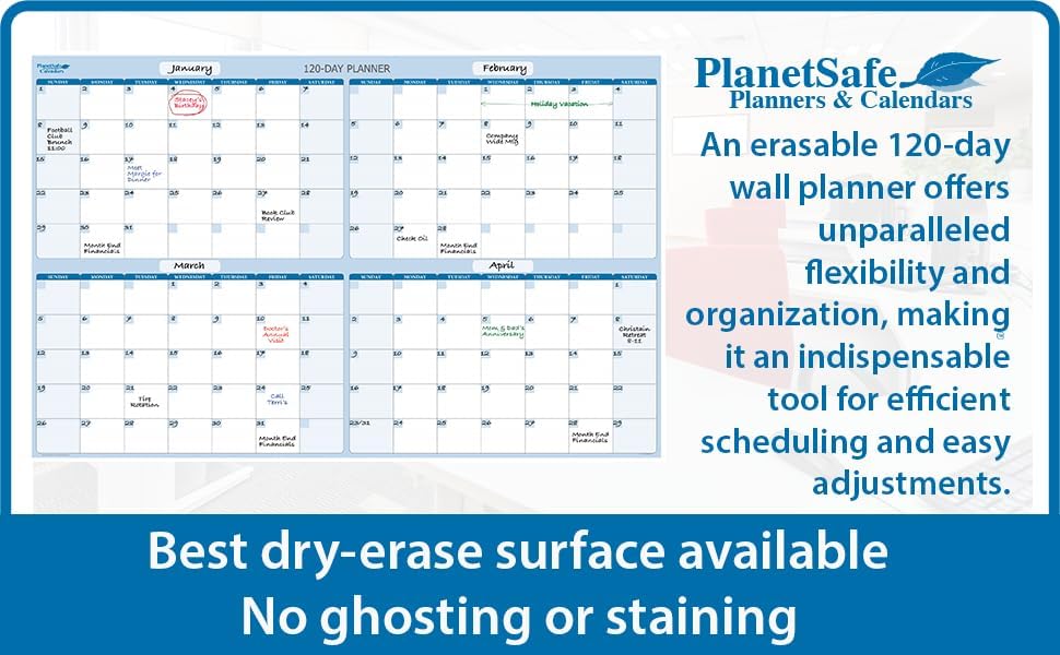 Miniatura 4 de PlanetSafe Calendars - Calendario de pared horizontal de 120 días, planificador de pared borrable en seco y húmedo de 4 meses, calendario mensual