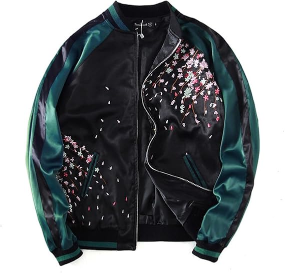 Amazon Habille レディース 鯉 桜 スカジャン 横須賀 刺繍ジャケット サテン地 ブラック グリーン 2xl ブラック コート ジャケット 通販