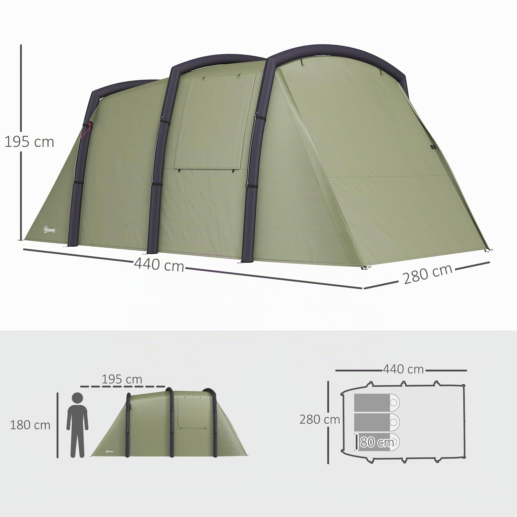 Outsunny Tenda da campeggio gonfiabile per famiglie tipo tunnel per 3-6 persone Tenda da campeggio glamping con vestibolo Finestre in rete e borsa per il trasporto Protezione UV 50+ Impermeabile
