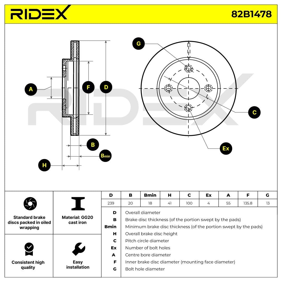 RIDEX 82B1478 2x Disco de freno Delantero sin tornillos Compatible con MAZDA 2 Hatchback DE, DH3