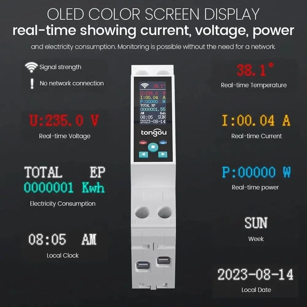 Disyuntor,Interruptor AutomáTico MagnetotéRmico Interruptor Inteligente Tuya WIFI 1P 50A, Disyuntor, LED, Medidor De Energía, KWh, Temporizador Y Relé