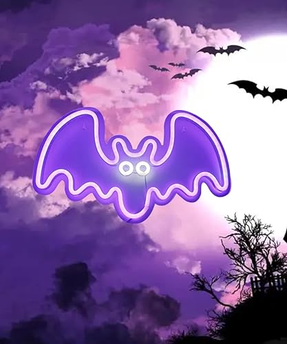Miniatura 5 de Letrero LED de neón con forma de murciélago, luz de neón morada para fiestas, bares y decoración del hogar