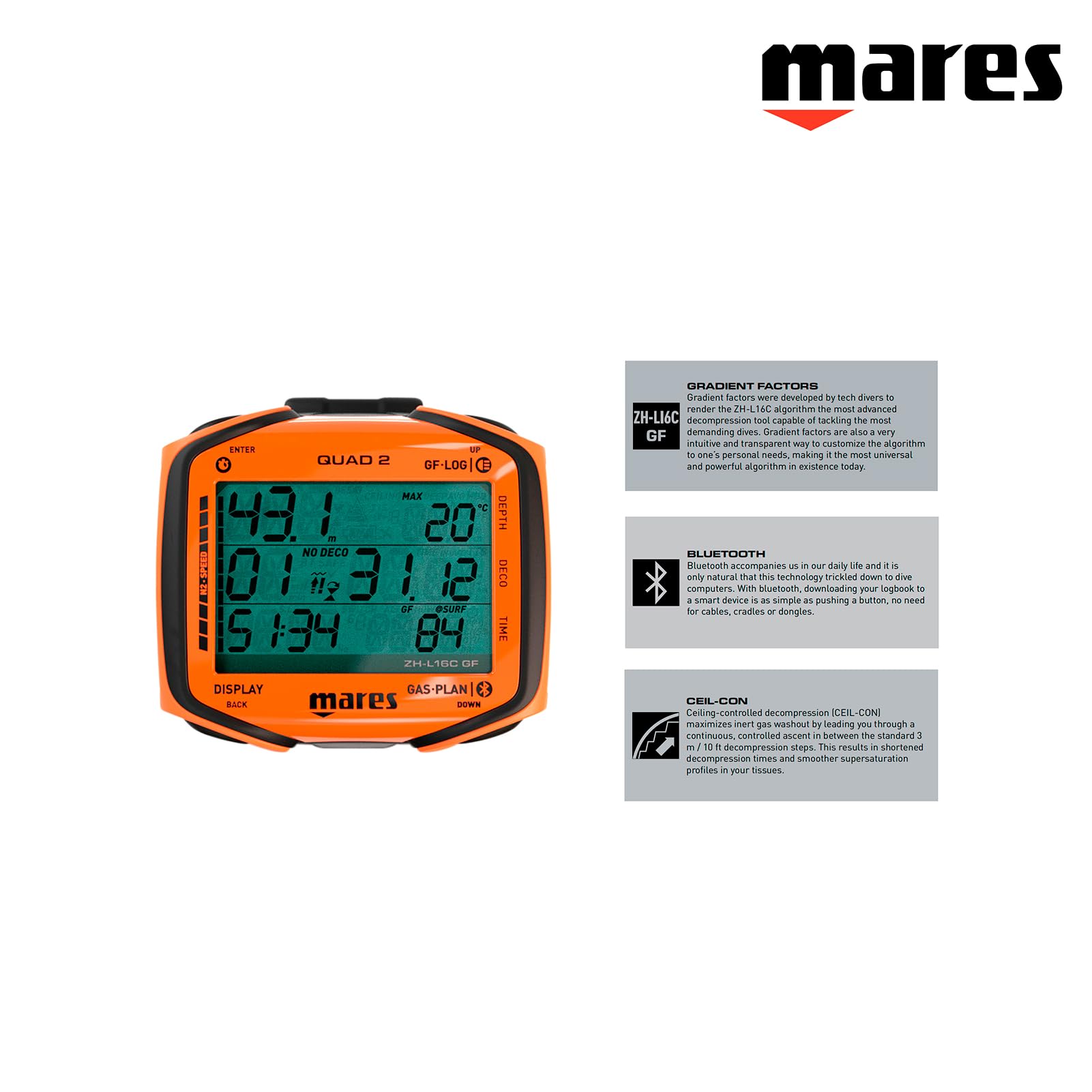 Mares Quad 2 Smart Ordinateur de plongée sous-marin Profondeur décompression affichage heure