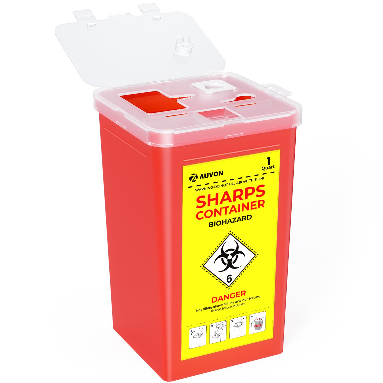 AUVON Sharps Container for Home Use with Split Lid Design and Locking Mechanism, 1 Quart Needle and Syringe Disposal Containers, Portable Container for Travel and Professional Use, 1-Pack