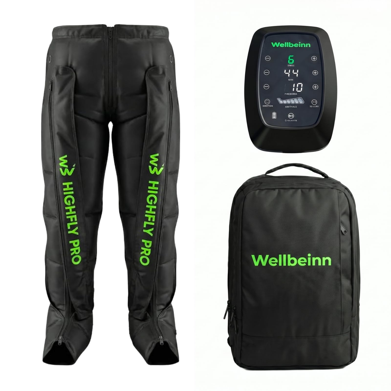 Wellbeinn HighFly Pro | Botas de presoterapia inalámbricas | Masajeador de piernas y pies por compresión de aire | 6 modos, intensidad ajustable | Sesiones 60 min | Autonomía 3 h y uso enchufado