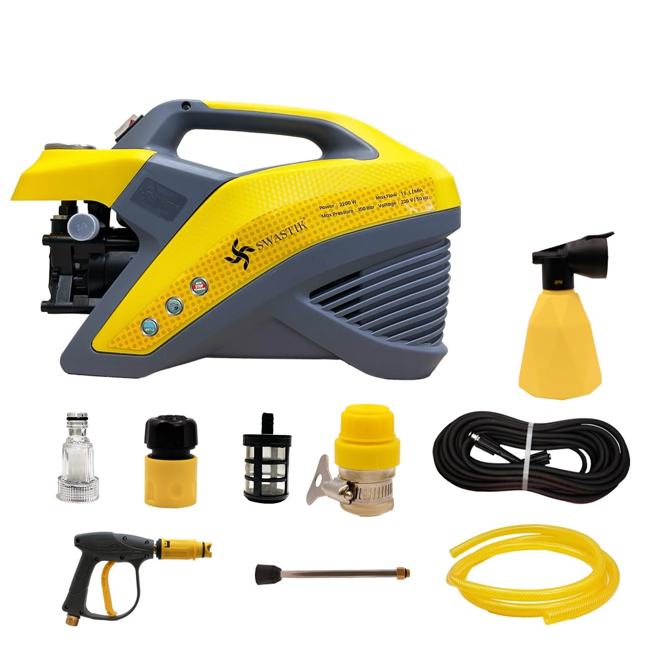 SWASTIK Pro220 2200W High Pressure Washer | 150 Bar, 10L/Min | Car, Bike, Home Cleaning Machine with 7m Hose Pipe, Multi-Gun & Thermal Motor Protection (Yellow)