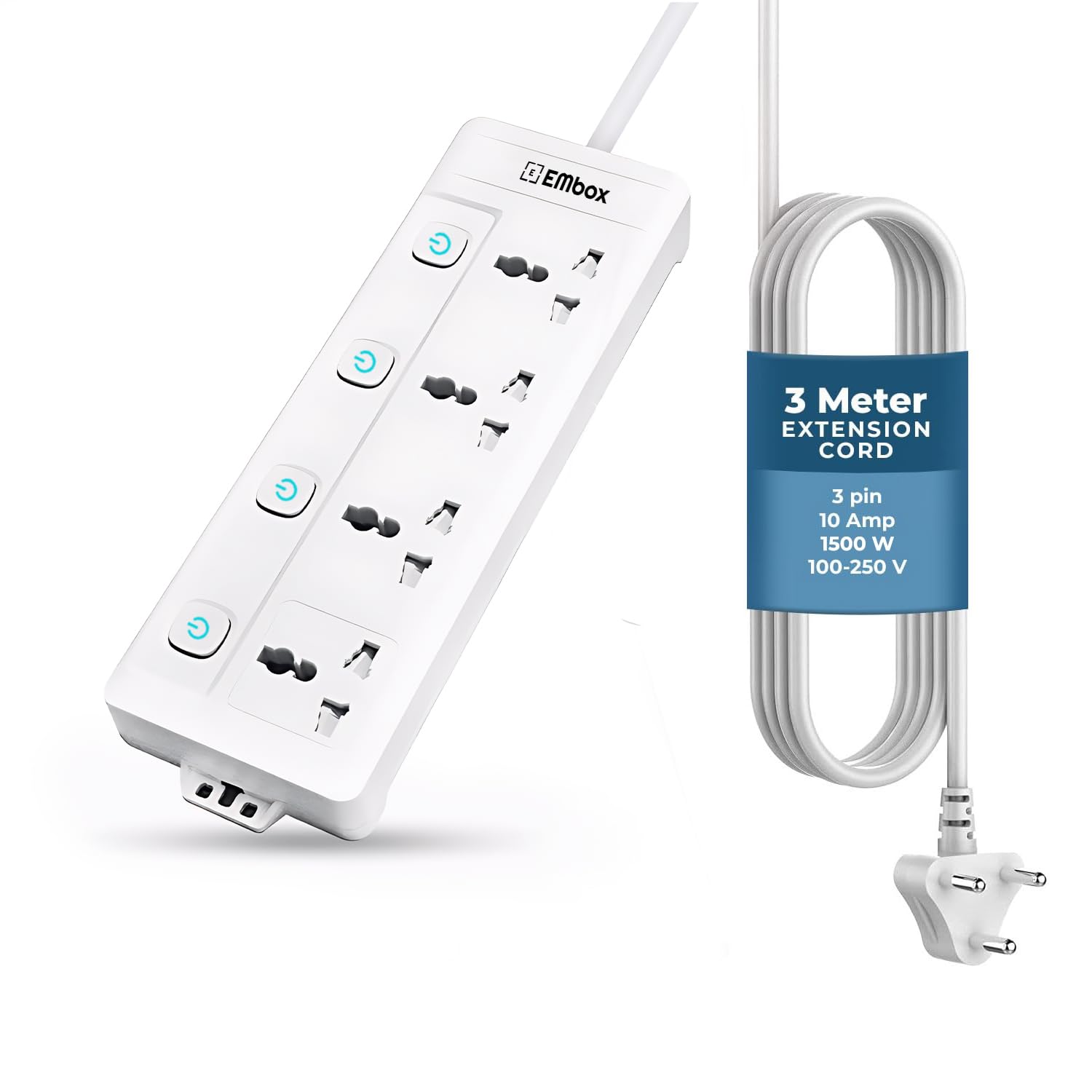 EMBOX Extension Board with Switches 1500 W, 4 Universal Sockets, Individual Switch, Safety Shutter, 6 amp Spike Guard, LED Indicator and Safety Shutter (4 Socket- 3 Meter)