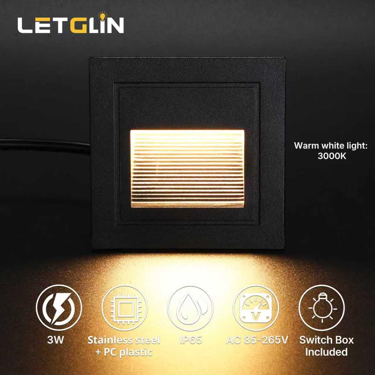 Eclairage Escalier 3W 300lm - 6 Pièces, 3000K Luminaire LED, 85x85mm, IP65 Applique Encastrée, 230V Luminaire D'escalier pour Escalier Mural, Douilles Encastrées 68mm, Aluminium Noir