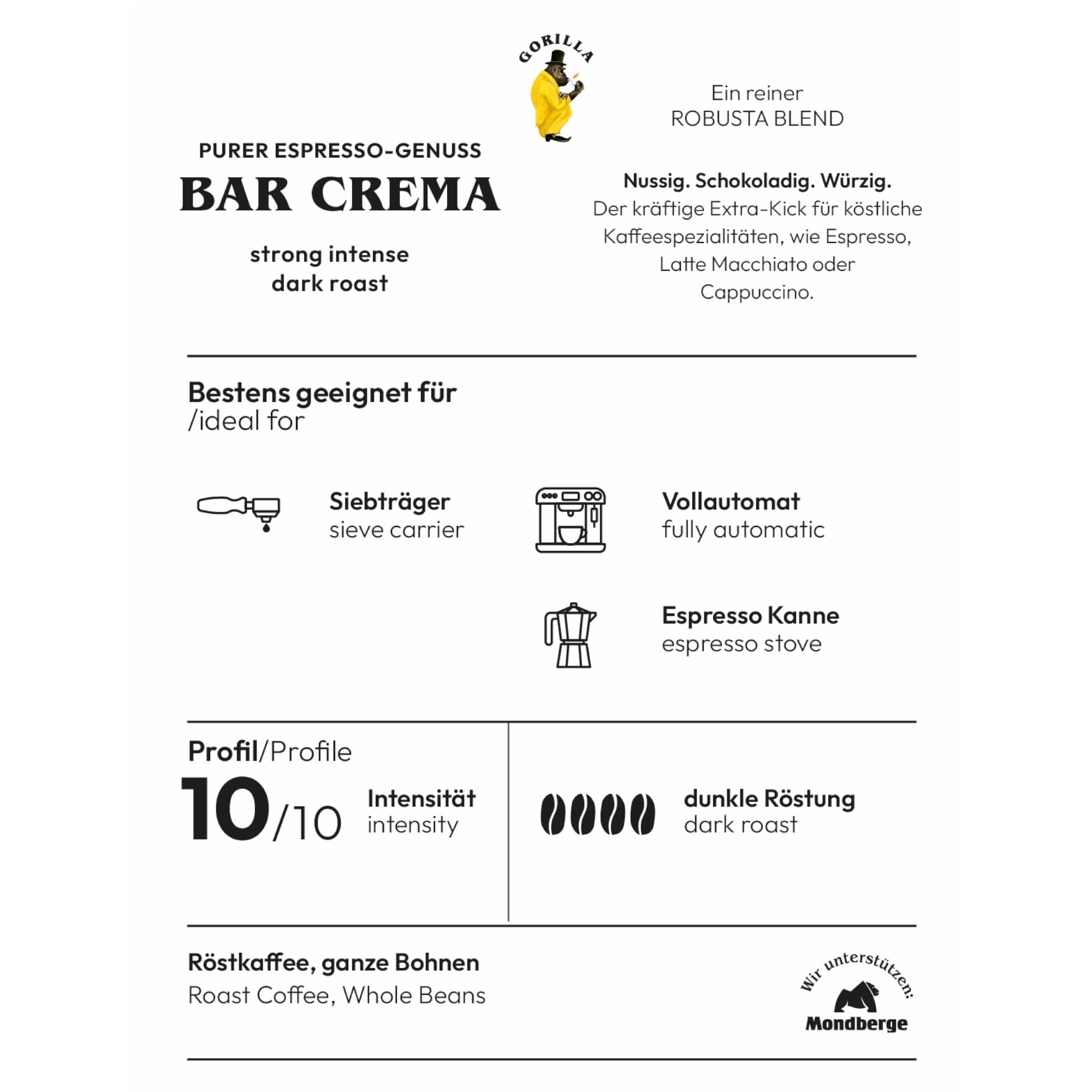 Gorilla Espresso Bar Crema Kaffee Bohnen - 12 Pakete zu je 1000 g Cafe