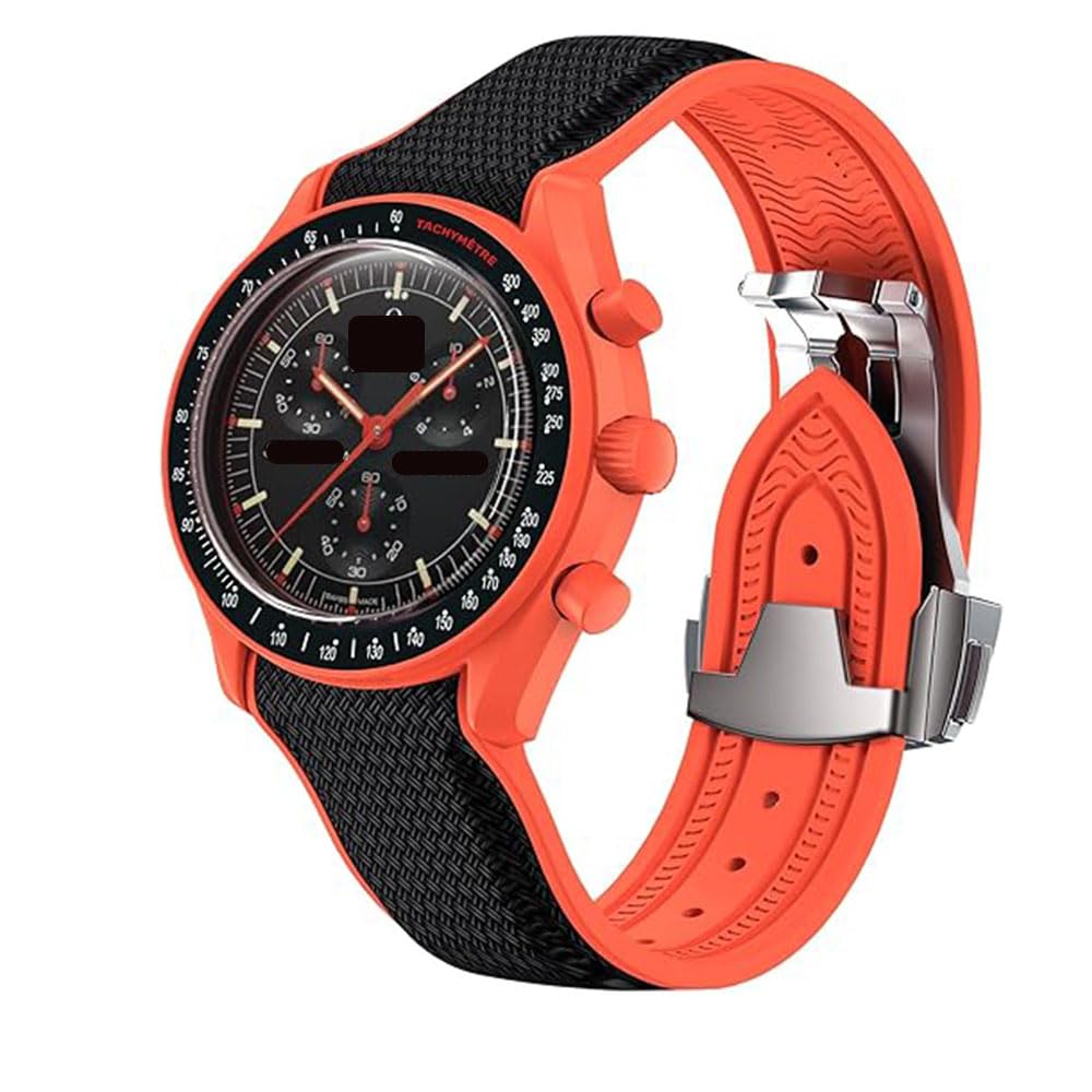 YHMOO 20mm Watch Strap for Omega x Swatch MoonSwatch Watch,Folding Buckle Band Compatible Omega X Swatch Moonswatch Speedmaster Men Women (BLACK ORANGE)