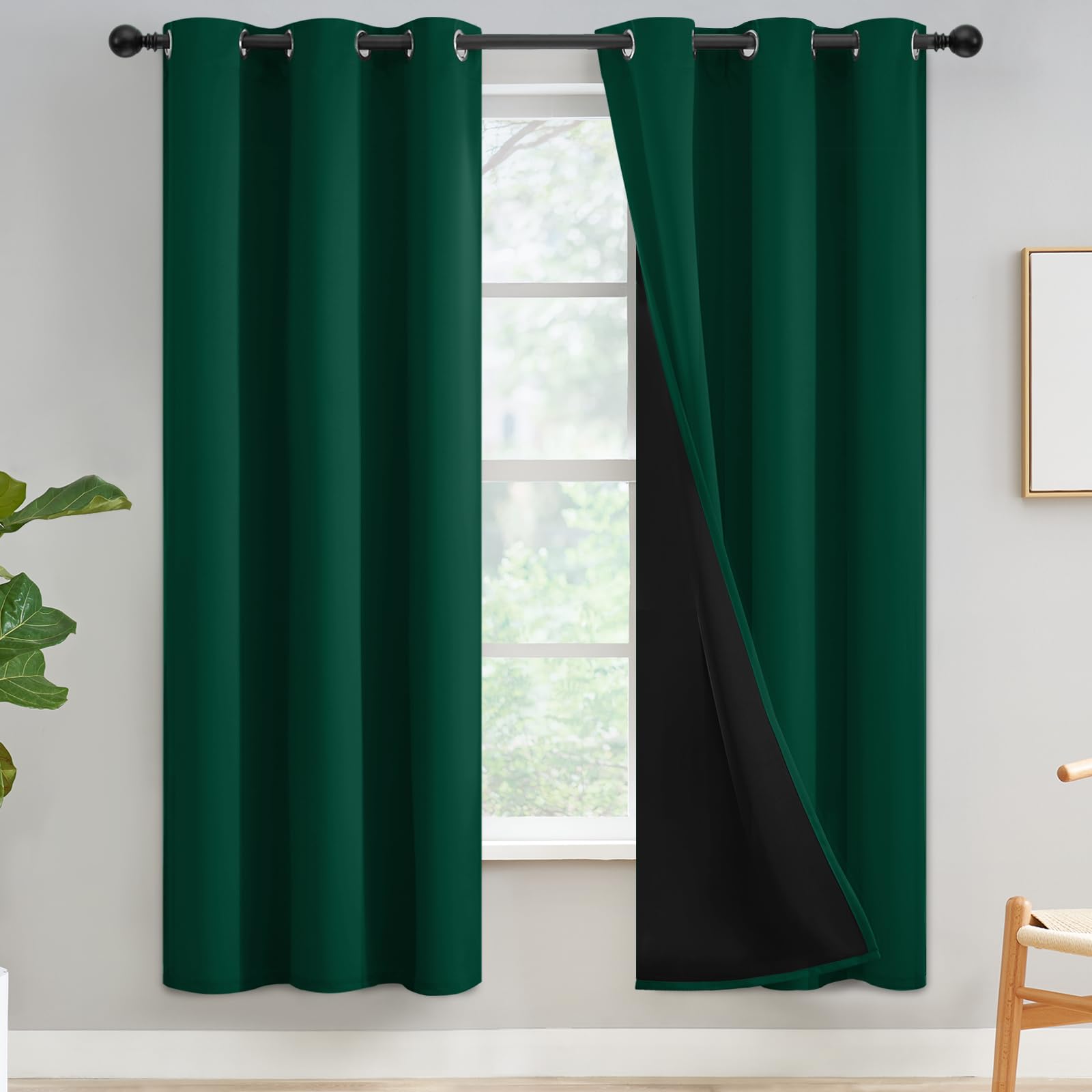 Yakamok 100% Blackout Curtains for Bedroom 72 Inch Length, Emerald Green Total Light Blocking Drapes with Black Backing, Thermal Insulated Solid Grommet Panels for Living Room, 42Wx72L, 2 Panels — image 1