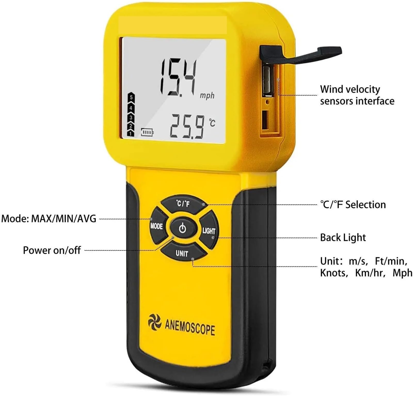 Anemómetro digital, 0.3~30m/s Sensor de velocidad del viento Anemómetro digital Instrumento medición volumen aire Probador mano
