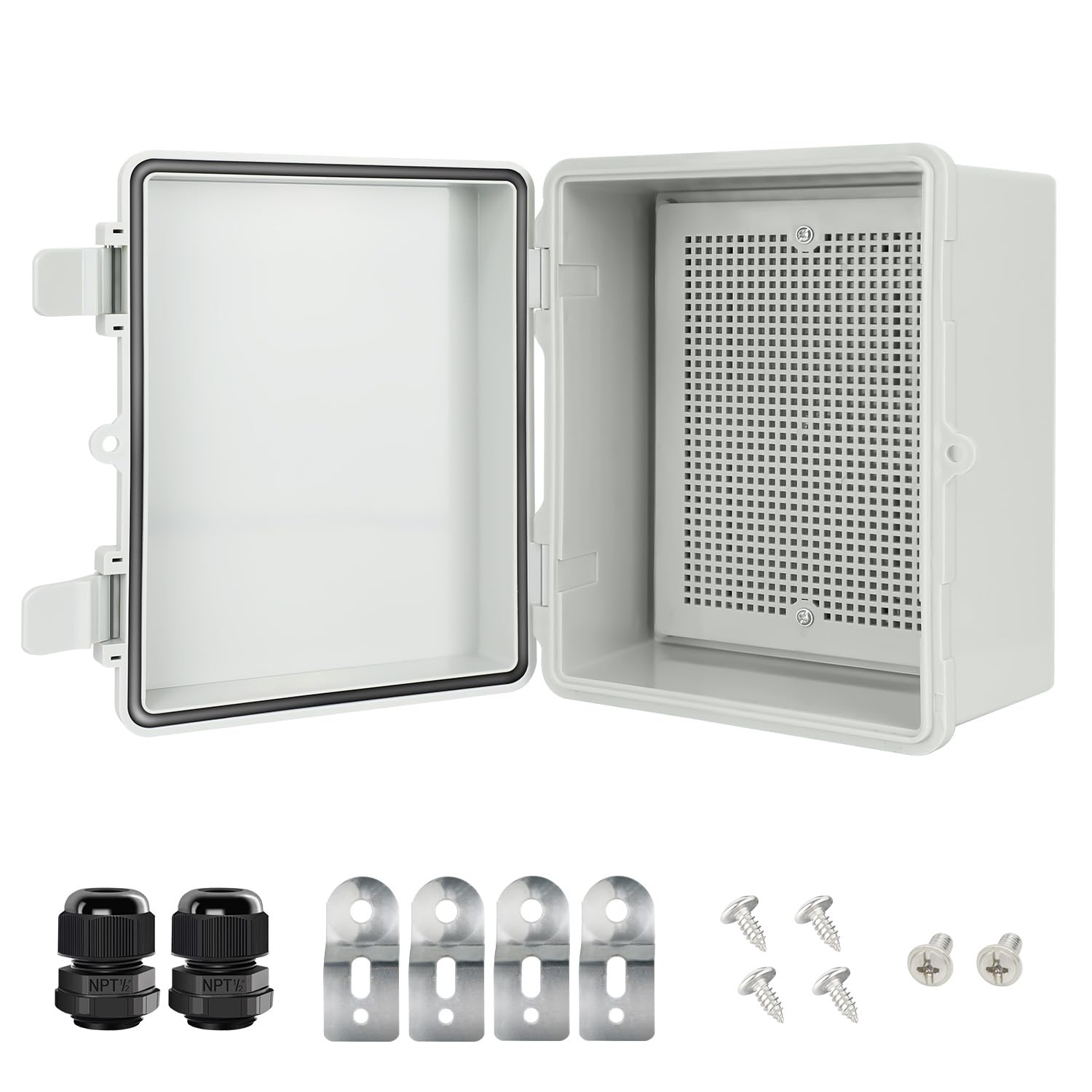 Junction Box IP65 Waterproof Electrical Box Outdoor ABS Plastic Project Box Hinged Shell Universal Enclosure Box with Mounting Plate, Wall Brackets, Cable Glands 8.7"x 6.7" x 4.3"